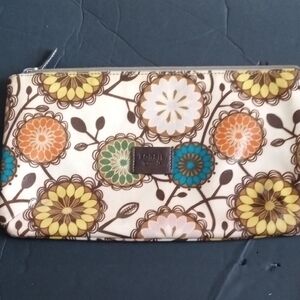 Fossil Floral Canvas Bag with Brown Leather Logo and Teal Green Accents